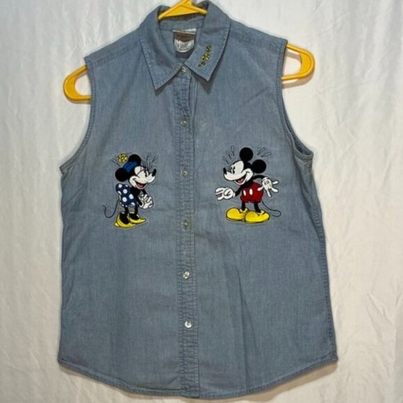 Disney Tops - Vintage Disney Store Sleeveless Denim Button-Up Shirt – Size Small